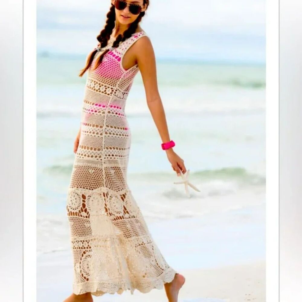 Altar'd State Pensacola Crochet Cream Maxi Dress Cover Up Sleeveless Size L/XL - Picture 9 of 9
